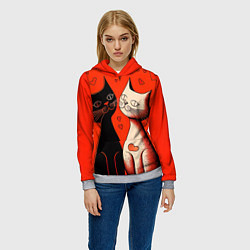 Толстовка-худи женская Влюблённые кошки на красном фоне, цвет: 3D-меланж — фото 2