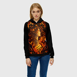 Толстовка-худи женская Девушка в стиле ар-нуво с огнем и осенними листьям, цвет: 3D-черный — фото 2