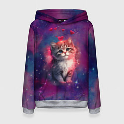 Толстовка-худи женская Космически котенок, цвет: 3D-меланж