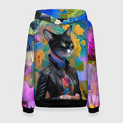 Толстовка-худи женская Модная кошечка в кожаной куртке - нейросеть, цвет: 3D-черный