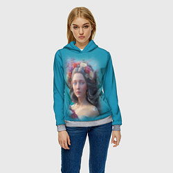 Толстовка-худи женская Цветочный портрет женщины с голубыми глазами, цвет: 3D-меланж — фото 2