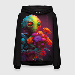 Толстовка-худи женская Инопланетянин с цветами, цвет: 3D-черный