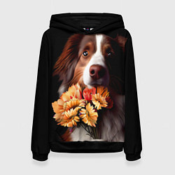 Толстовка-худи женская Пёс держит букет цветов, цвет: 3D-черный