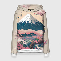 Толстовка-худи женская Японский пейзаж: цветение сакуры у горы Фудзияма, цвет: 3D-белый