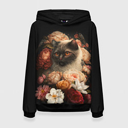 Толстовка-худи женская Милый котик окружённый цветами, цвет: 3D-черный