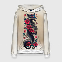 Толстовка-худи женская Irezumi - татуировка лиса в розах, цвет: 3D-белый