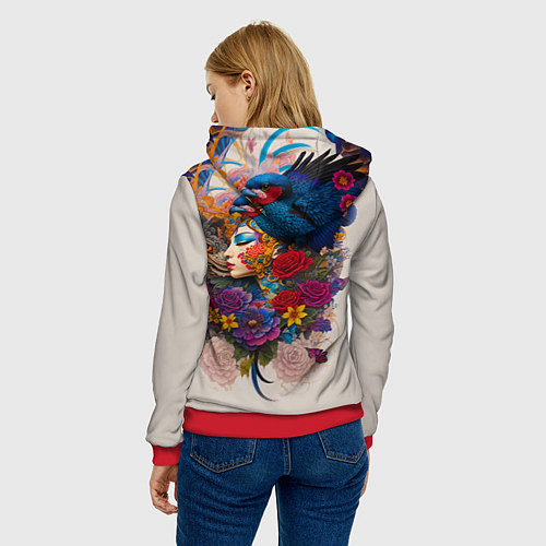 Женская толстовка Профиль девушки с птицей - татуировка / 3D-Красный – фото 4