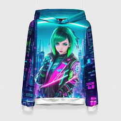 Толстовка-худи женская Девушка с зелеными волосами киберпанк, цвет: 3D-белый
