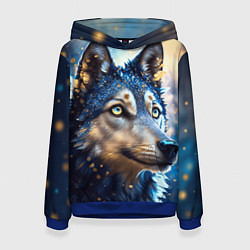 Толстовка-худи женская Волк на синем фоне, цвет: 3D-синий
