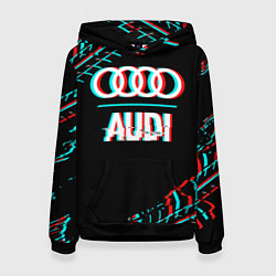 Толстовка-худи женская Значок Audi в стиле glitch на темном фоне, цвет: 3D-черный