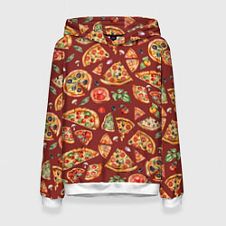 Толстовка-худи женская Кусочки пиццы ассорти - акварельный паттерн, цвет: 3D-белый