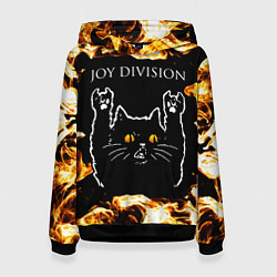 Толстовка-худи женская Joy Division рок кот и огонь, цвет: 3D-черный