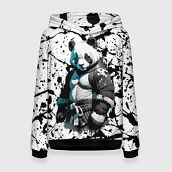 Толстовка-худи женская Panda samurai on the background of blots, цвет: 3D-черный