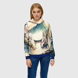Толстовка-худи женская Японский пейзаж - акварель, цвет: 3D-синий — фото 2