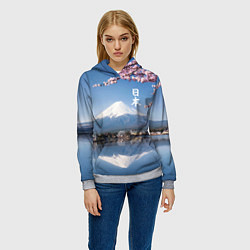 Толстовка-худи женская Цветущая сакура на фоне Фудзиямы - Япония, цвет: 3D-меланж — фото 2