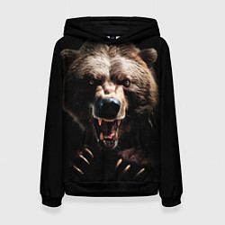 Толстовка-худи женская Бурый агрессивный медведь, цвет: 3D-черный