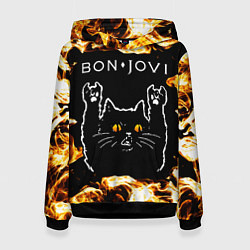 Толстовка-худи женская Bon Jovi рок кот и огонь, цвет: 3D-черный
