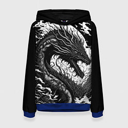 Толстовка-худи женская Черно-белый дракон и волны, цвет: 3D-синий