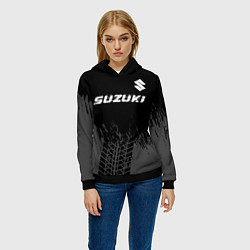 Толстовка-худи женская Suzuki speed на темном фоне со следами шин: символ, цвет: 3D-черный — фото 2