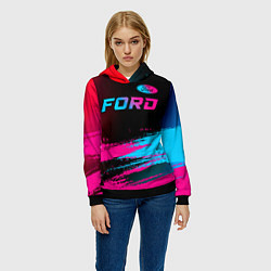 Толстовка-худи женская Ford - neon gradient: символ сверху, цвет: 3D-черный — фото 2
