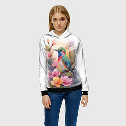 Толстовка-худи женская Колибри и цветы - акварель, цвет: 3D-черный — фото 2