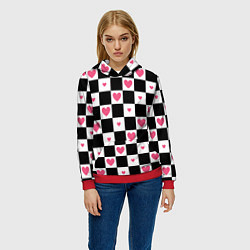Толстовка-худи женская Розовые сердечки на фоне шахматной черно-белой дос, цвет: 3D-красный — фото 2