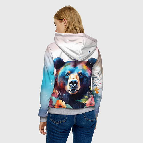 Женская толстовка Портрет медведя гризли с цветами акварелью / 3D-Меланж – фото 4