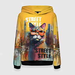 Толстовка-худи женская Кот в городе - street style, цвет: 3D-черный