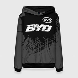 Толстовка-худи женская BYD speed на темном фоне со следами шин: символ св, цвет: 3D-черный