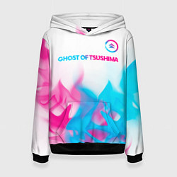 Толстовка-худи женская Ghost of Tsushima neon gradient style: символ свер, цвет: 3D-черный