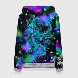 Женская толстовка Неоновый дракон в снежинках
