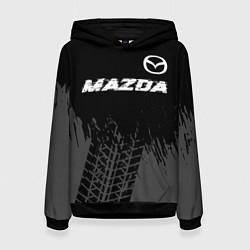 Толстовка-худи женская Mazda speed на темном фоне со следами шин: символ, цвет: 3D-черный