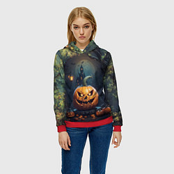 Толстовка-худи женская Праздничная хэллоуинская тыква, цвет: 3D-красный — фото 2