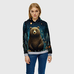 Толстовка-худи женская Мишка в ночном лесу в стиле фолк-арт, цвет: 3D-меланж — фото 2