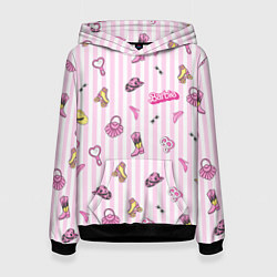 Толстовка-худи женская Барби - розовая полоска и аксессуары, цвет: 3D-черный
