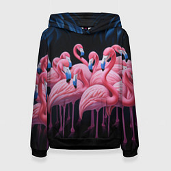 Толстовка-худи женская Стая розовых фламинго в темноте, цвет: 3D-черный