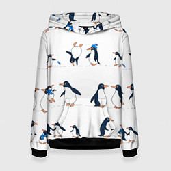 Толстовка-худи женская Семейство пингвинов на прогулке, цвет: 3D-черный
