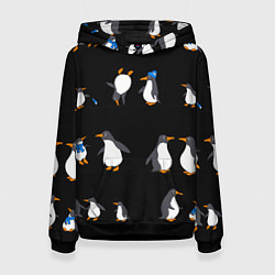 Толстовка-худи женская Веселая семья пингвинов, цвет: 3D-черный