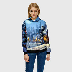 Толстовка-худи женская Новогодний зимний городок, цвет: 3D-черный — фото 2