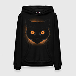 Толстовка-худи женская Портрет черного кота в оранжевом свечении, цвет: 3D-черный
