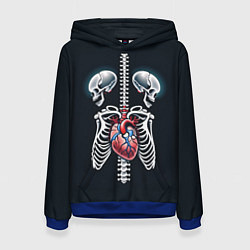 Толстовка-худи женская Два сросшихся скелета и сердце, цвет: 3D-синий