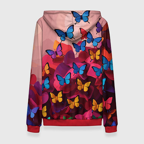 Женская толстовка Разноцветные бабочки - розовые цветы / 3D-Красный – фото 2