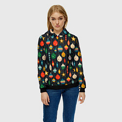 Толстовка-худи женская Новогодние ёлочные игрушки на черном фоне, цвет: 3D-черный — фото 2
