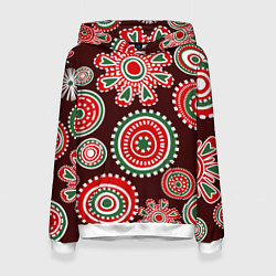 Толстовка-худи женская Новогодний принт красный, цвет: 3D-белый