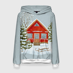 Толстовка-худи женская Красный дом в зимнем лесу, цвет: 3D-белый