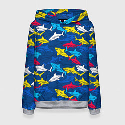 Толстовка-худи женская Разноцветные акулы на глубине, цвет: 3D-меланж
