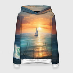 Толстовка-худи женская Яхта на закате солнца, цвет: 3D-белый