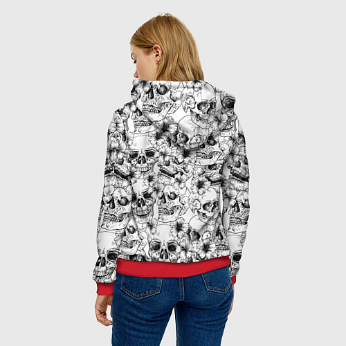 Женская толстовка Череп в стиле гранж на фоне узора / 3D-Красный – фото 4