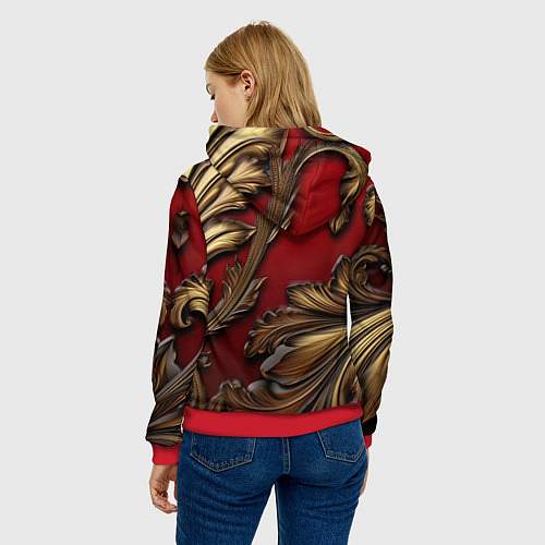 Женская толстовка Золотые объемные листья на красном фоне / 3D-Красный – фото 4