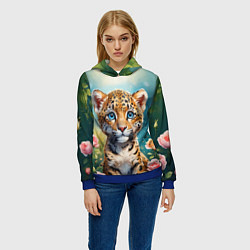 Толстовка-худи женская Портрет леопарда с розами, цвет: 3D-синий — фото 2
